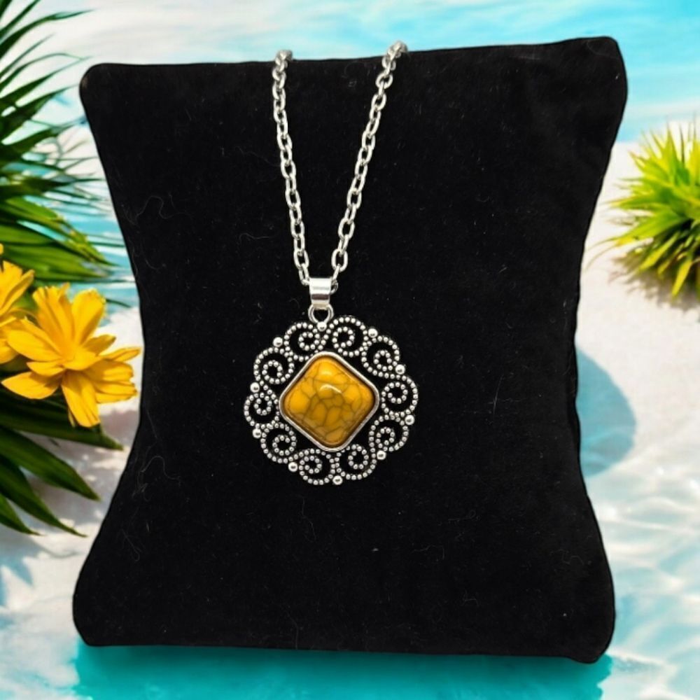 Tribal Mustard Turquoise Beaded Filagree Necklace Pendant Boho Fashion Jewelry